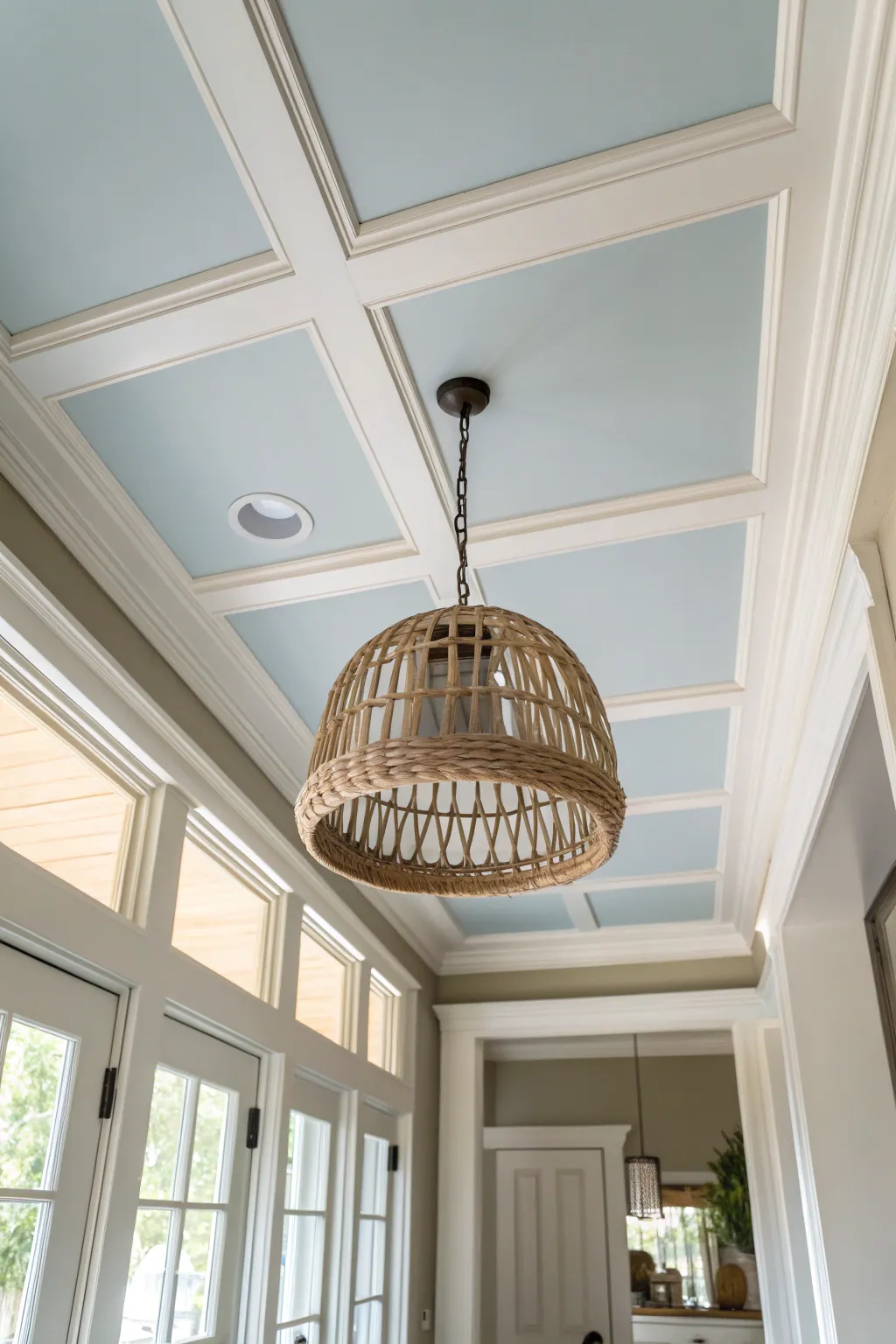 A whisper-tinted foyer ceiling feels intentional, especially with a woven pendant drawing the eye.