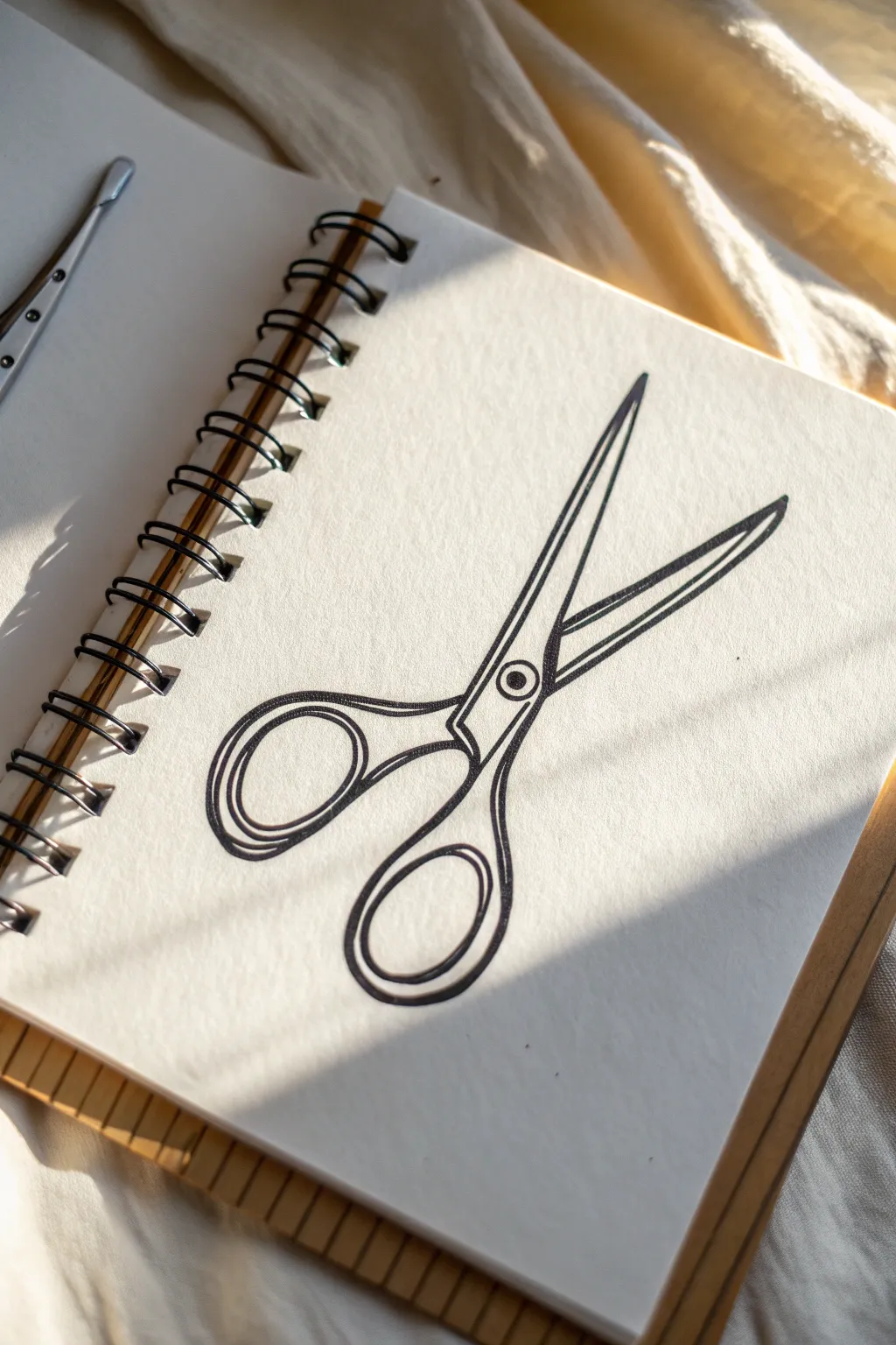 Try a confident one-line scissors sketch, bold black ink on white paper for minimalist charm.