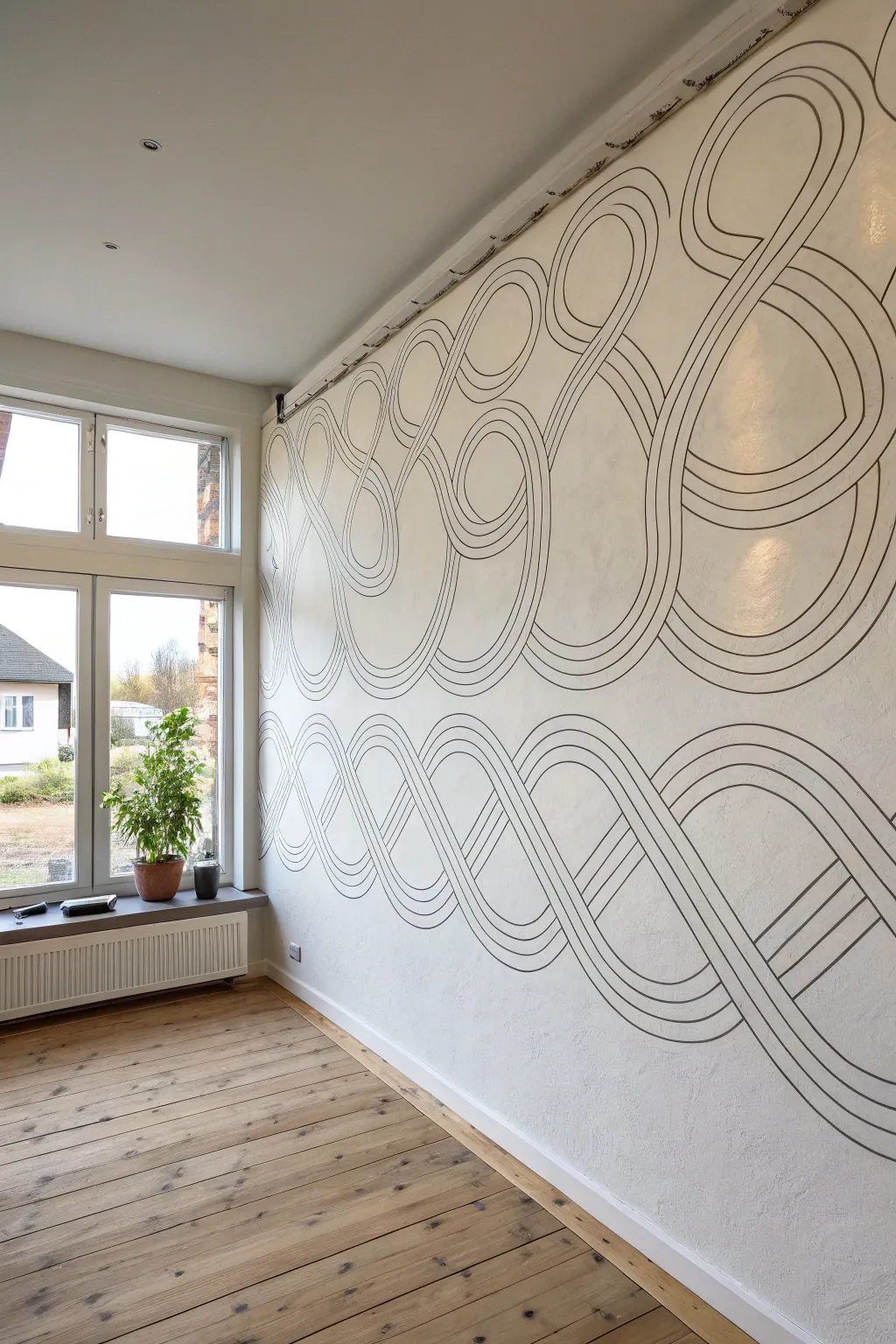 Continuous one-line squiggle mural with bold contrast, minimalist charm, and freehand energy