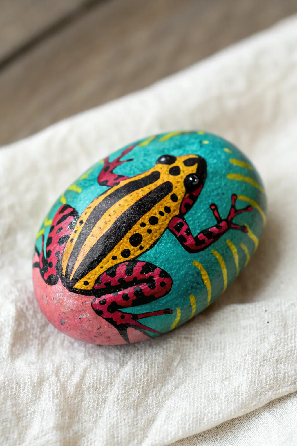 Bold poison dart frog rock with crisp color blocking for a vibrant, graphic pattern