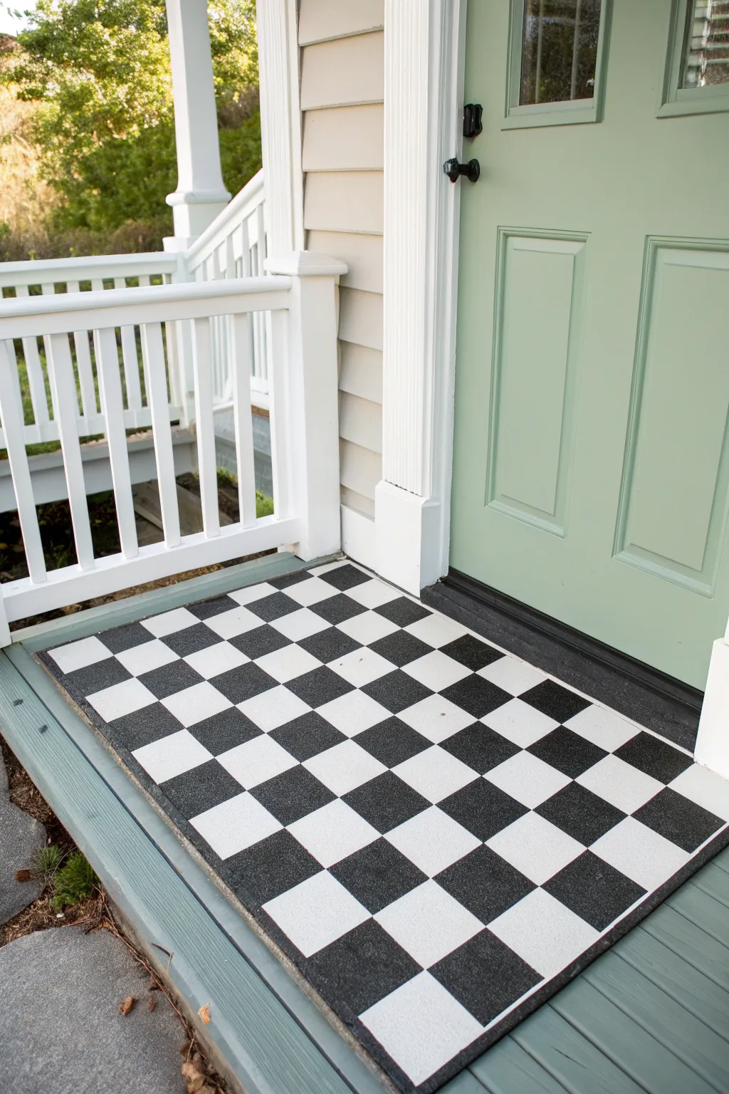 Bold black-and-white checker porch detail with clean white rails for a crisp graphic welcome