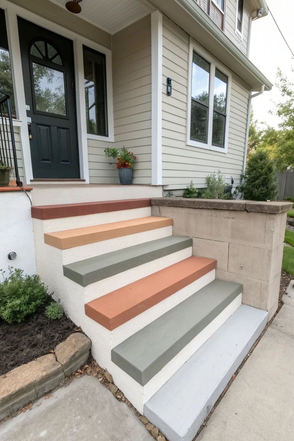 Modern color-blocked concrete steps in soft boho hues create a clean, graphic porch moment