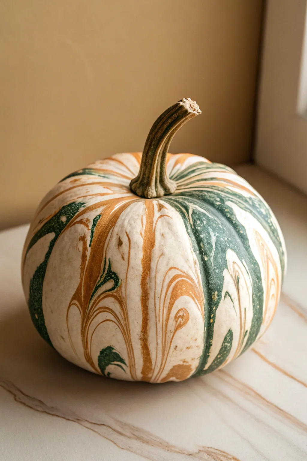 Marbled swirl pumpkin in soft neutrals with glossy paint movement and clean minimalist contrast