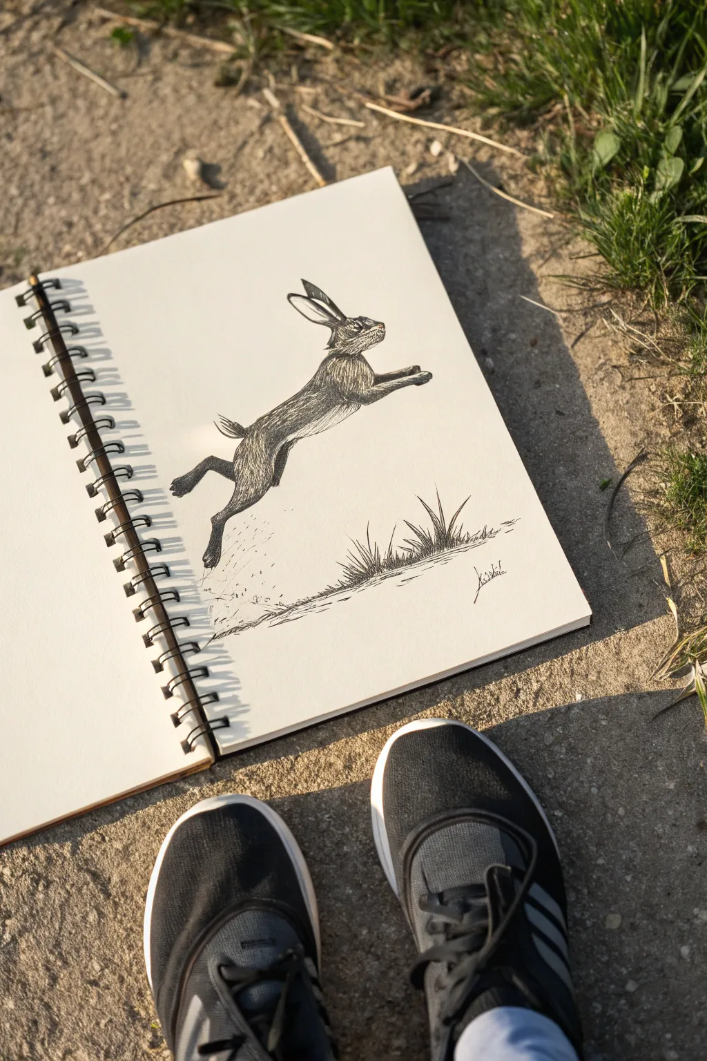 Dynamic furry action pose sketch with flying fur tufts in a minimalist Scandinavian boho style.