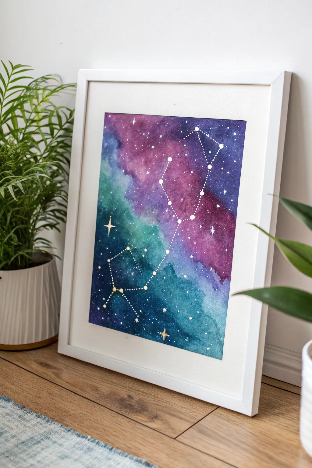 Delicate constellation linework mapped over a luminous galaxy, minimal and dreamy.