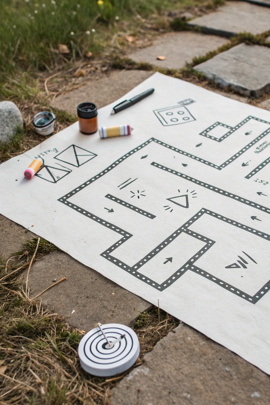 Strategic top-down level map painting in clean lines and earthy tones, minimalist yet game-inspired.