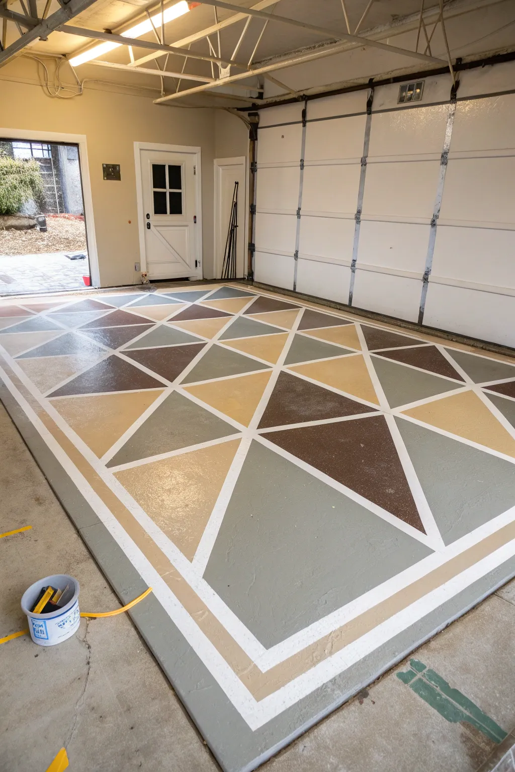 Minimal tape-resist geometric blocks in warm neutrals for a chic, modern garage floor upgrade.