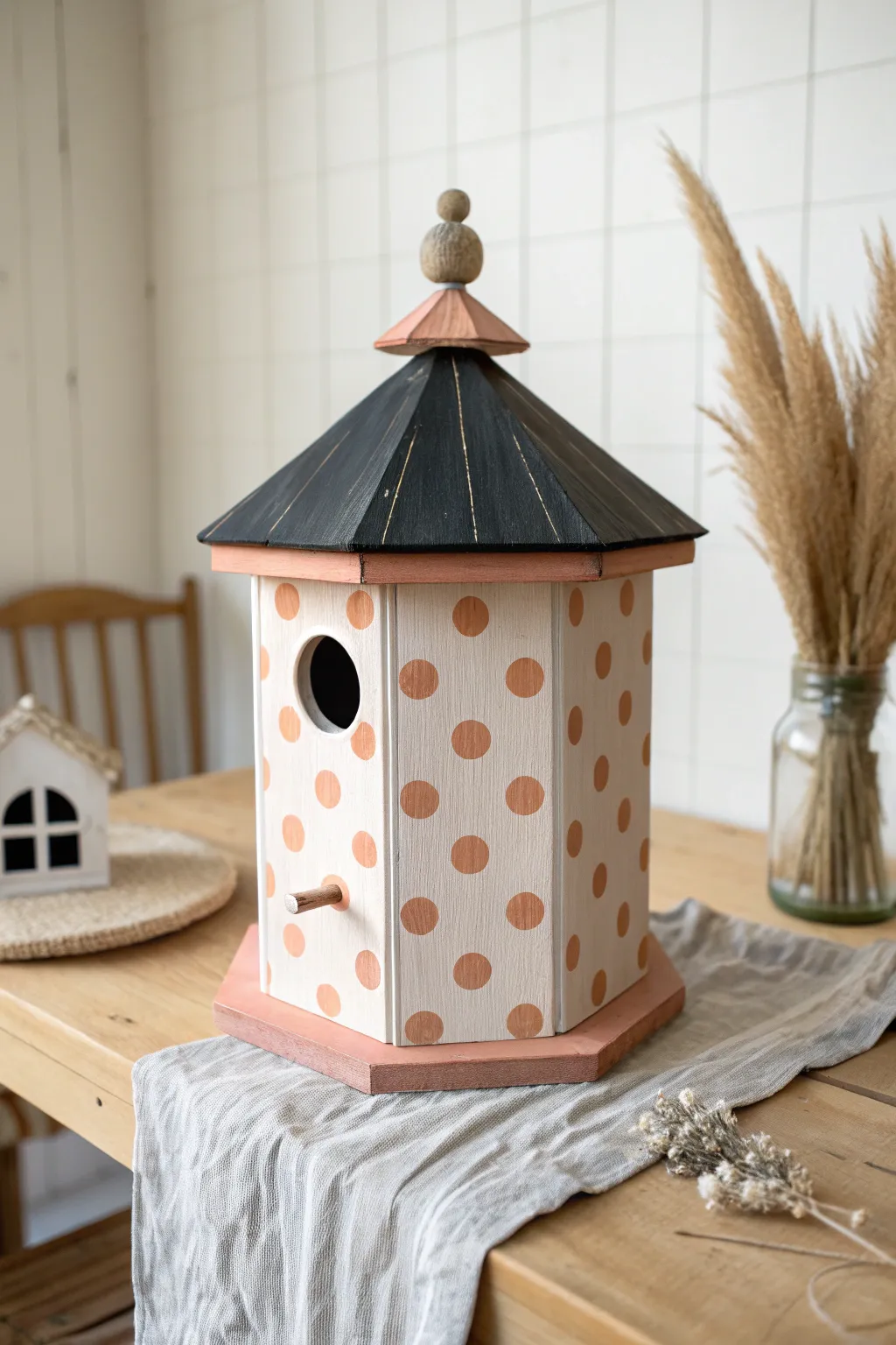 Polka-dot gazebo birdhouse with crisp roof trim, styled for a calm minimalist craft table