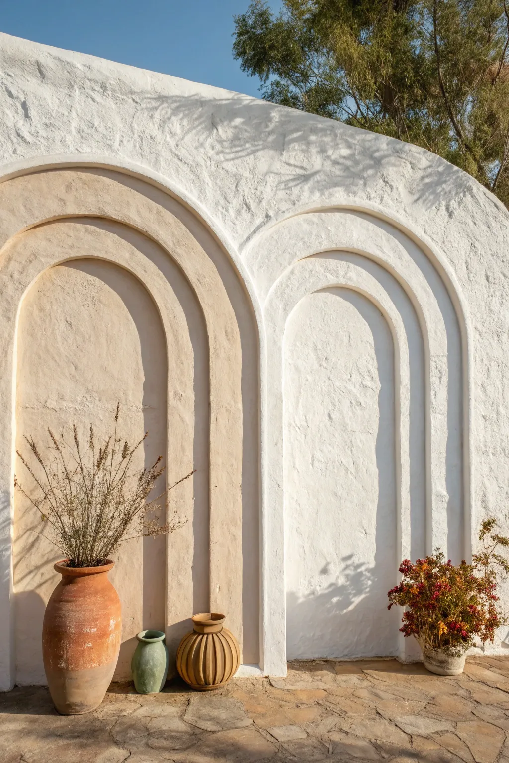 Layered earthy arches bring retro geometry to minimalist walls with calm Scandinavian warmth.