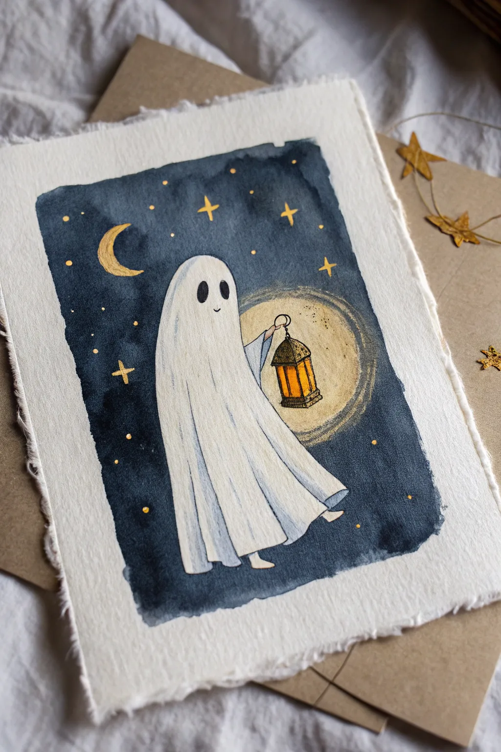 A gentle lantern glow makes this minimalist ghost feel cozy, calm, and perfectly eerie.
