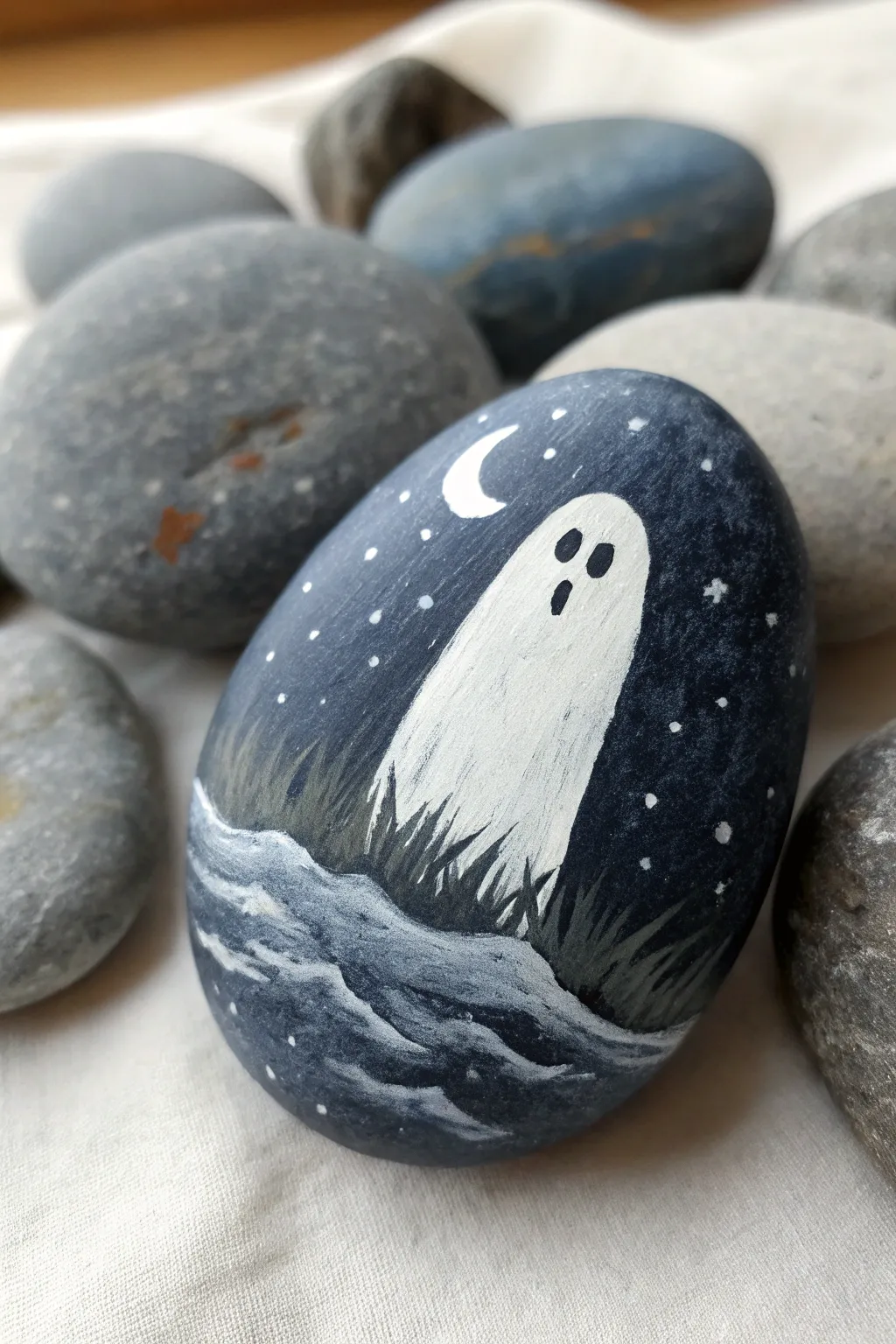 Misty night ghost rock: a floating spirit in soft fog layers with a gentle moonlit glow.