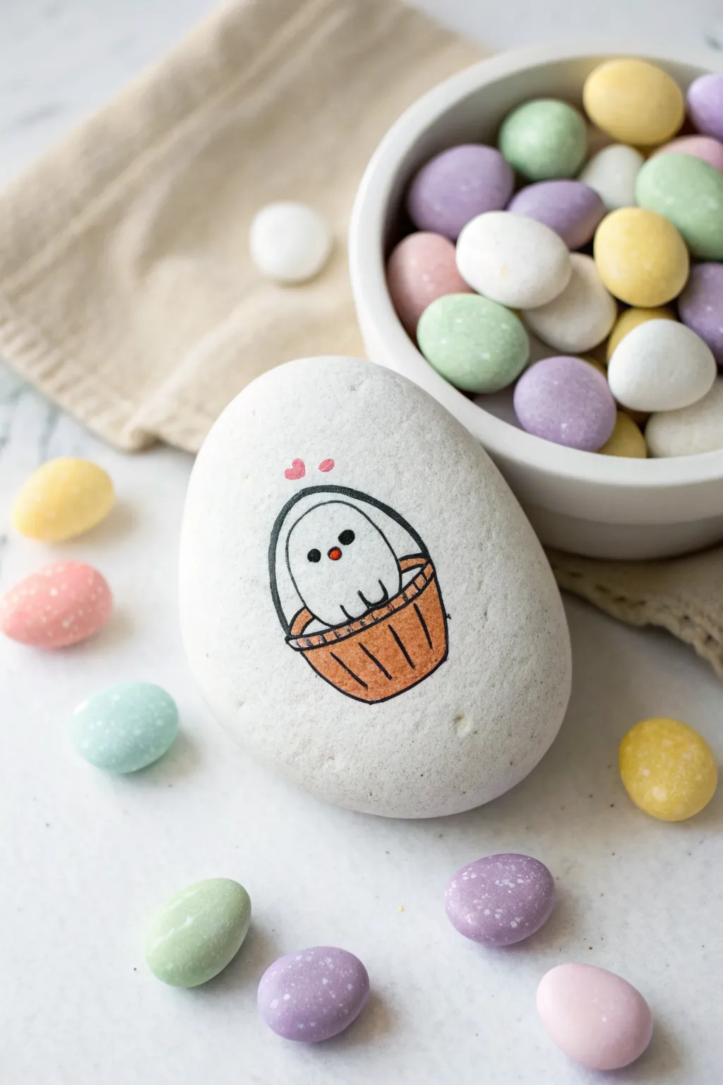 Sweet ghost rock with a tiny candy bucket, minimalist and cozy for Halloween crafting.