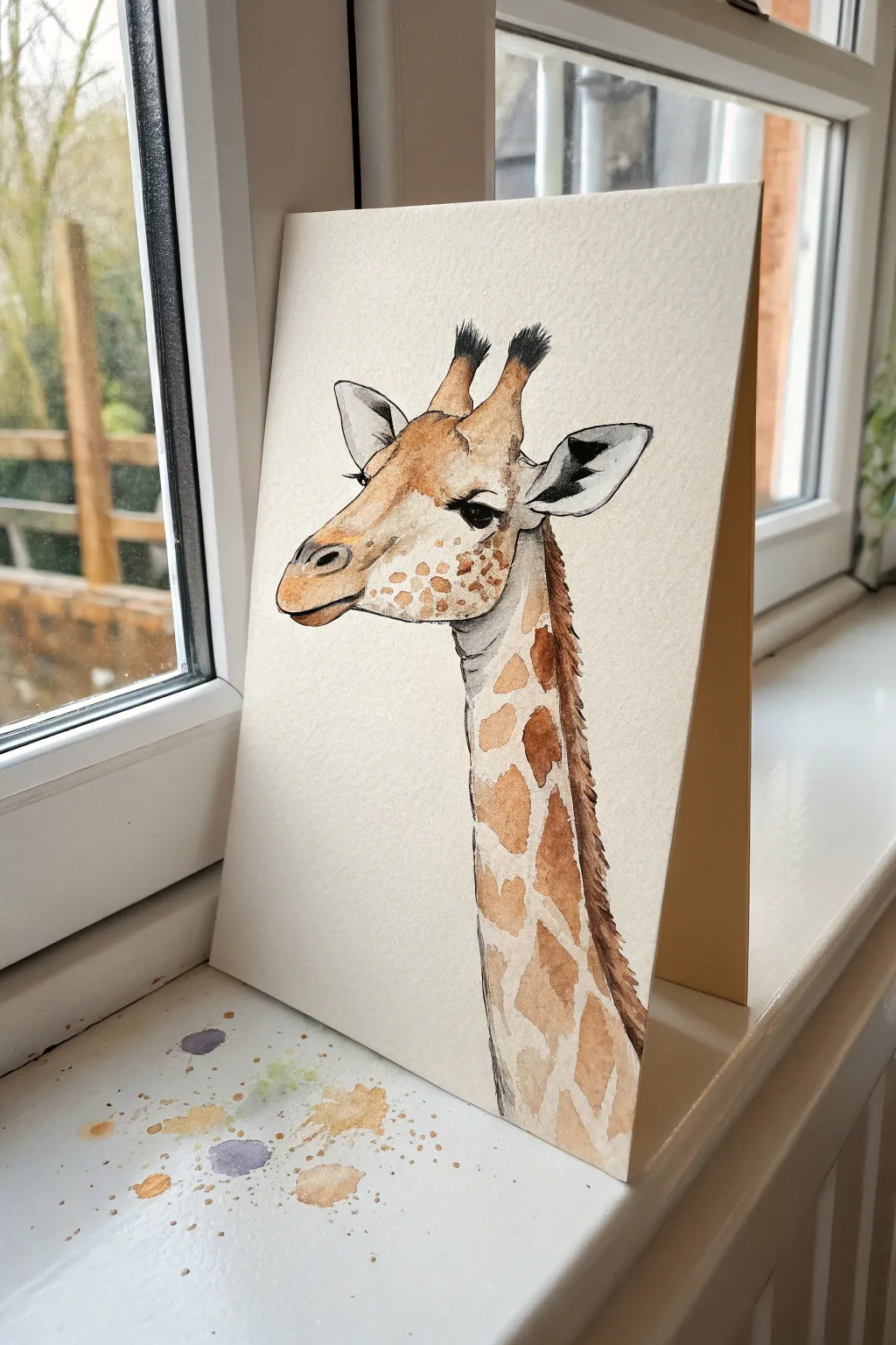 Minimal ink giraffe outline with loose watercolor fill, easy Scandinavian boho style to try.