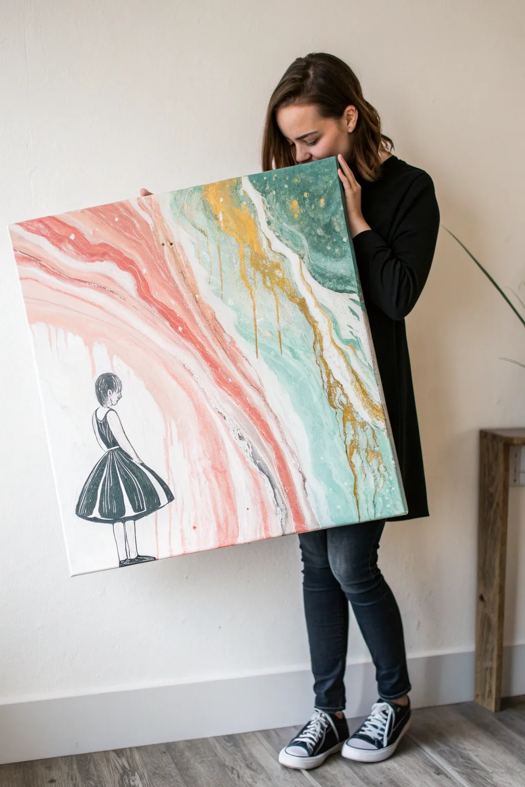 Minimalist girl silhouette with her dress melting into a dreamy acrylic color pour waterfall.
