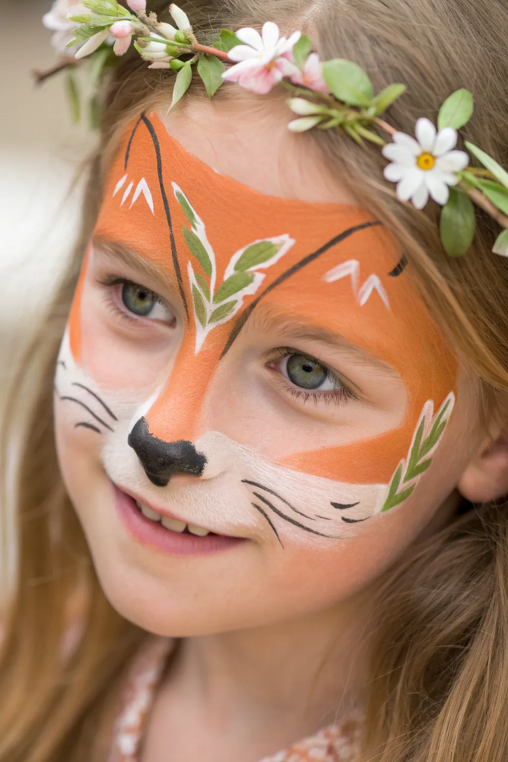 Sweet fox face paint with soft white muzzle and delicate floral accents for a storybook look