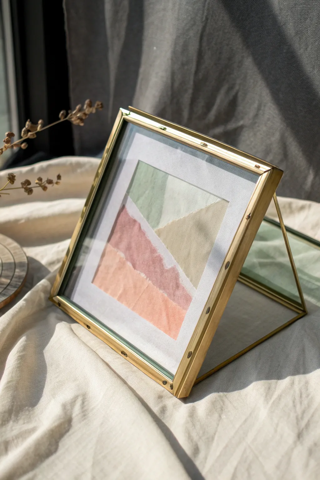 Layer torn translucent papers under glass for a dreamy, minimalist collage with soft color depth.