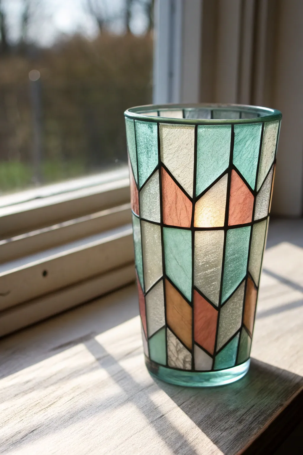 Faux stained-glass cup with dark outlines and glowing translucent fills in bright daylight