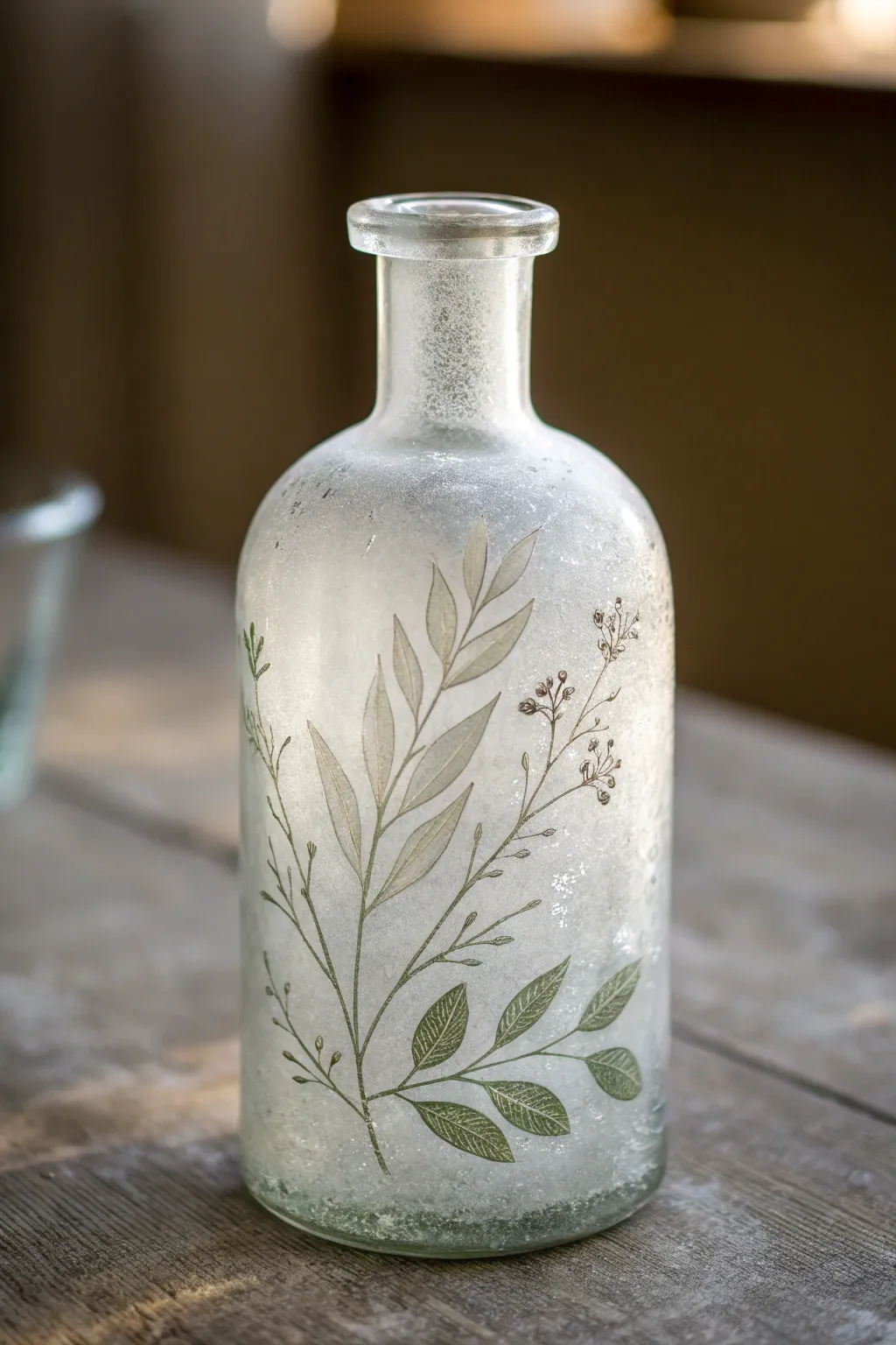 Frosted jar with hand-painted botanicals for a soft wintery glass painting idea at home