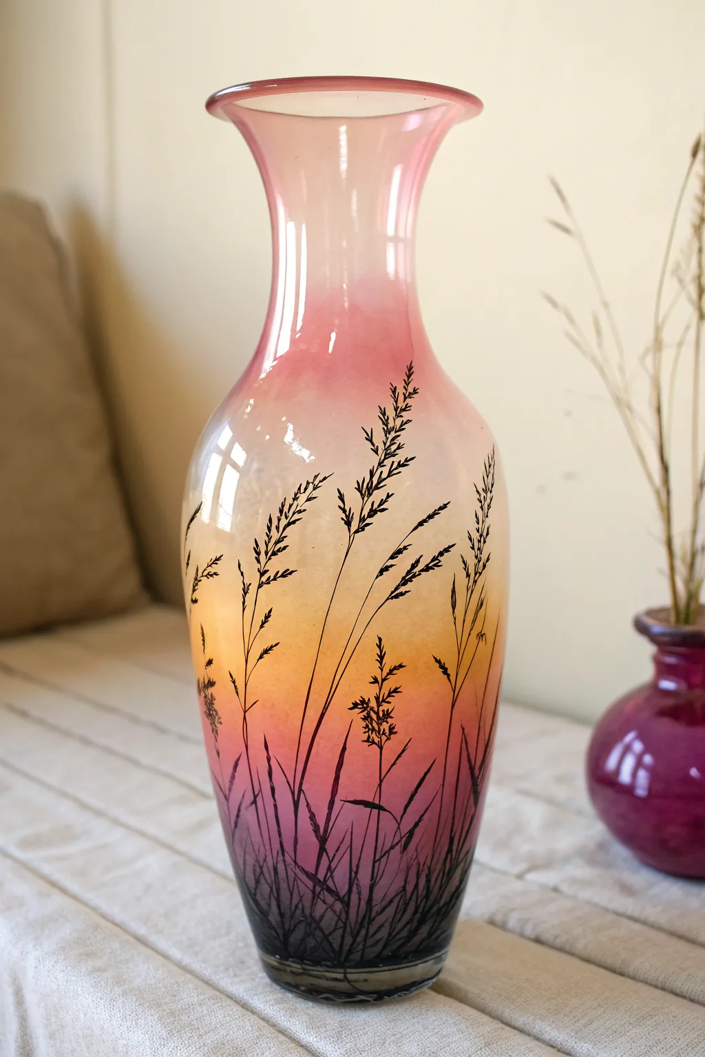 Sunset gradient glass vase with crisp black silhouette for a minimalist boho look