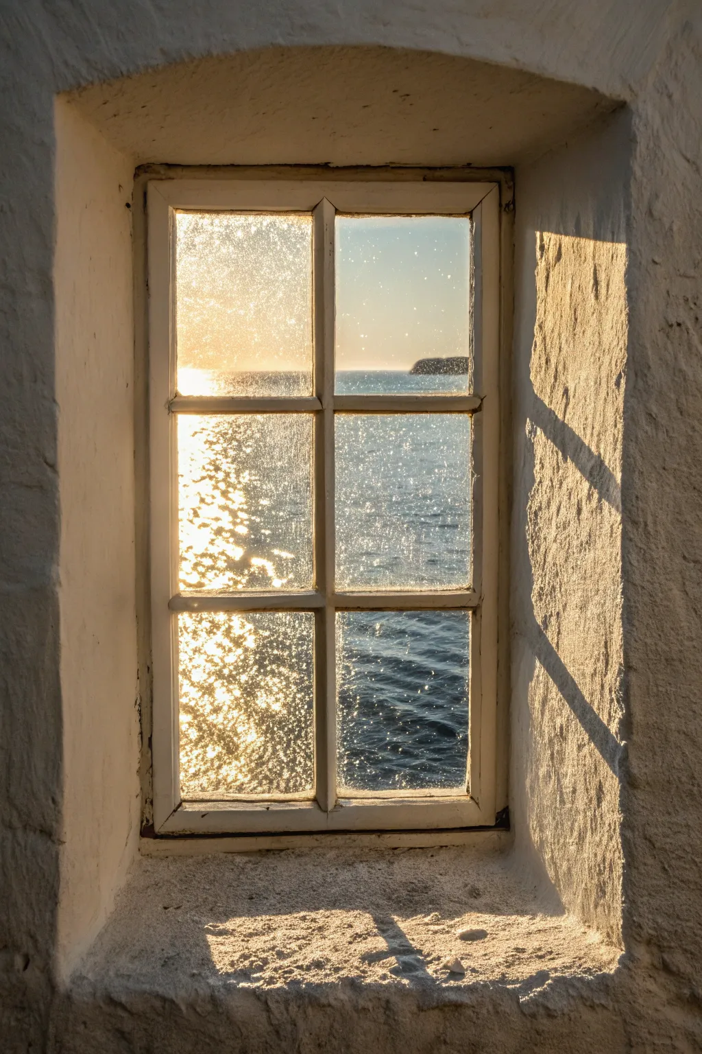 Sunlit textured glass sending ripple patterns across a calm, creamy wall in morning light