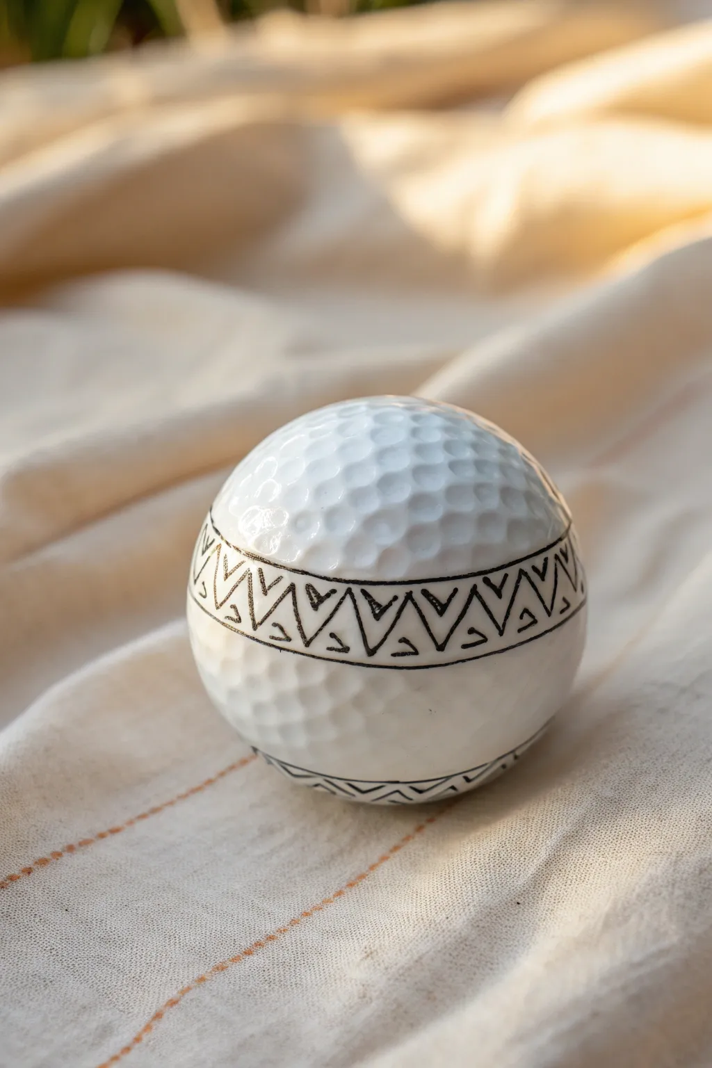 Crisp chevron band on a centered golf ball, a minimalist geometric drawing idea with clean contrast.