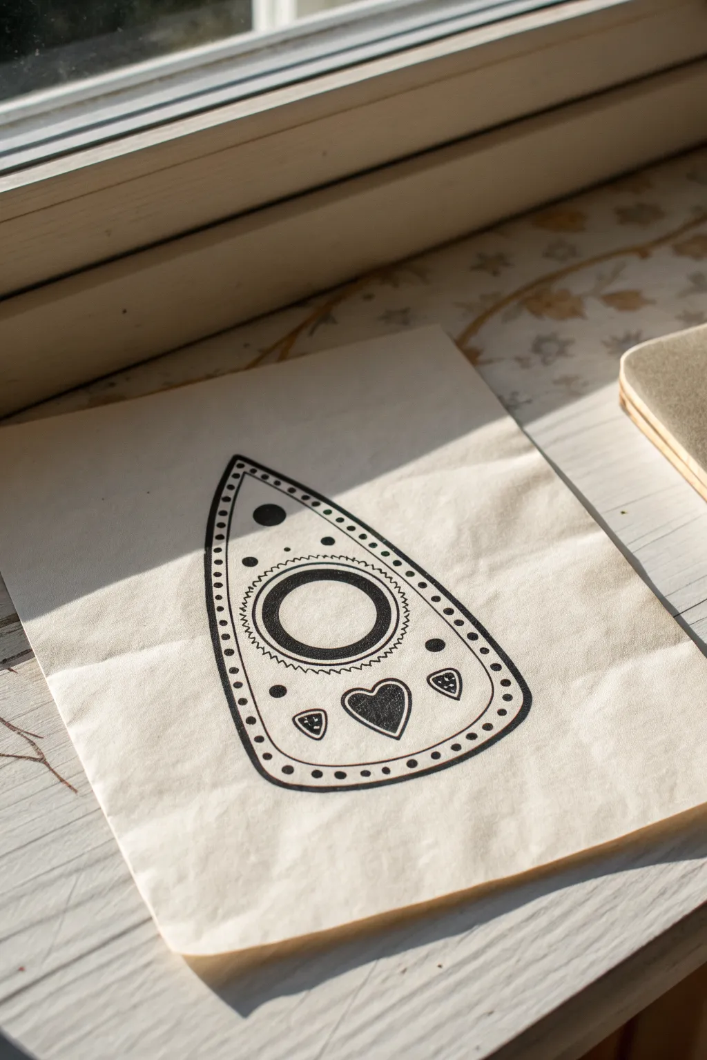 Minimal goth planchette doodle: symmetrical teardrop icon with dotted details, easy to recreate.