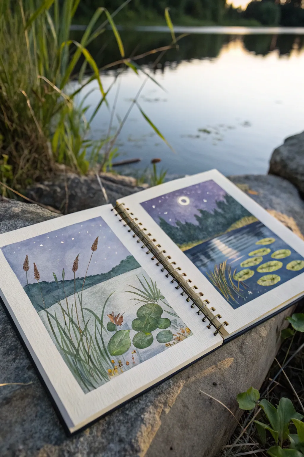 Split-page gouache spread: sunny pond meets twilight hill, with swatches and clips for inspo