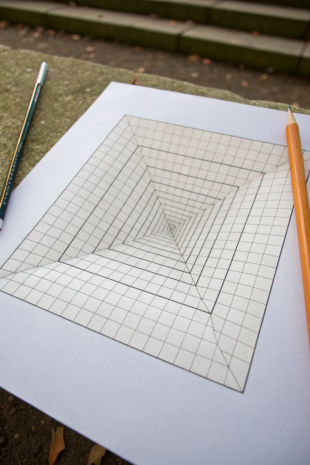 Hole in the paper grid pit illusion idea: clean graph lines, deep shading, and striking contrast.