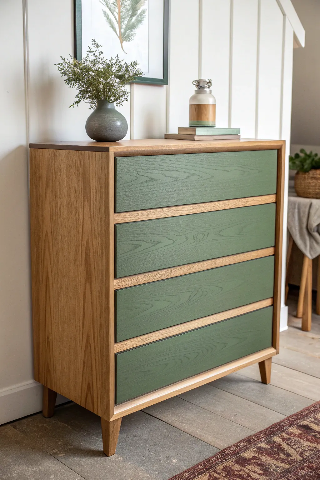 Sage-green frame with raw oak drawers for a crisp, handcrafted Scandinavian look