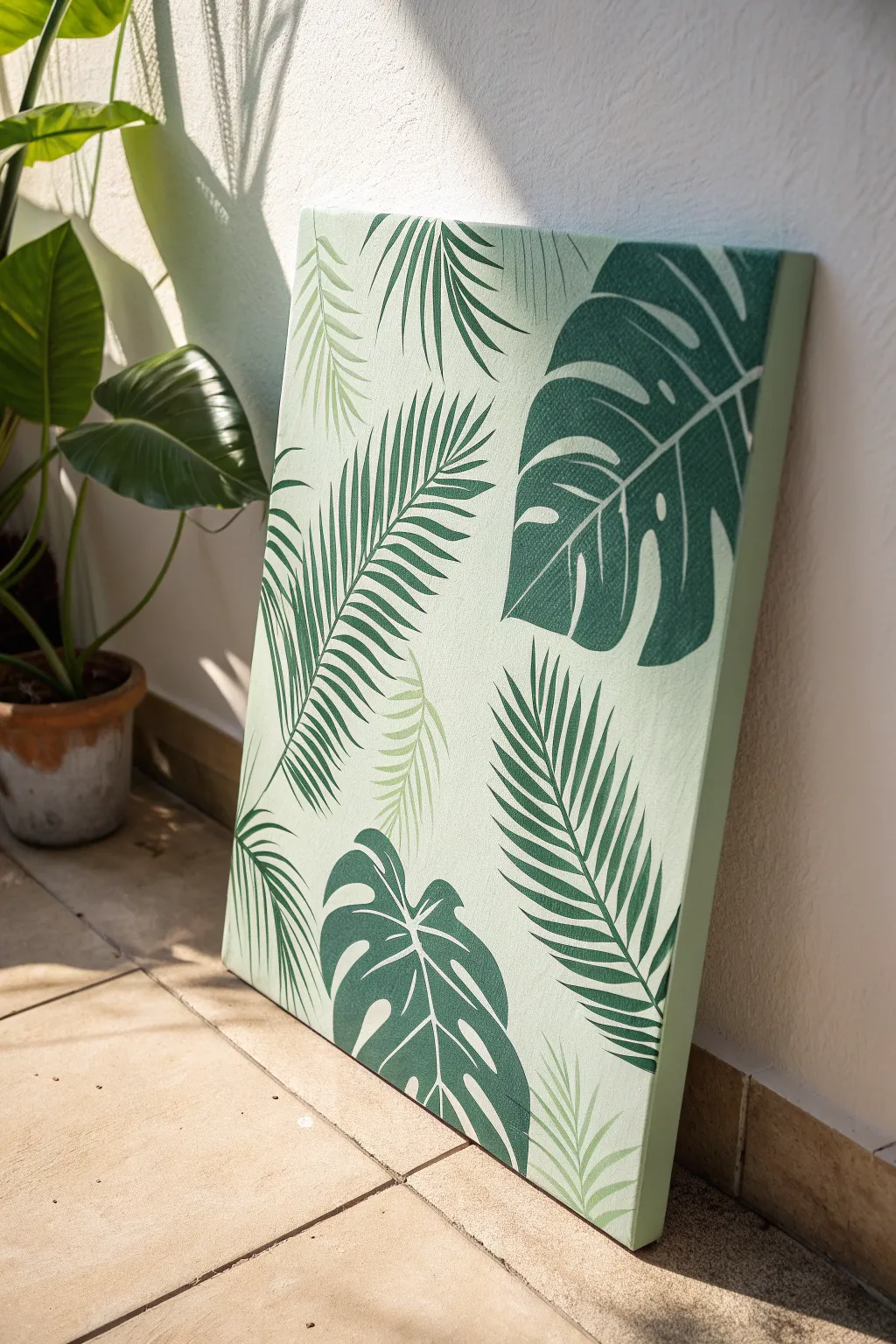Minimal green canvas with crisp olive palm shadows, a modern Scandinavian boho statement piece
