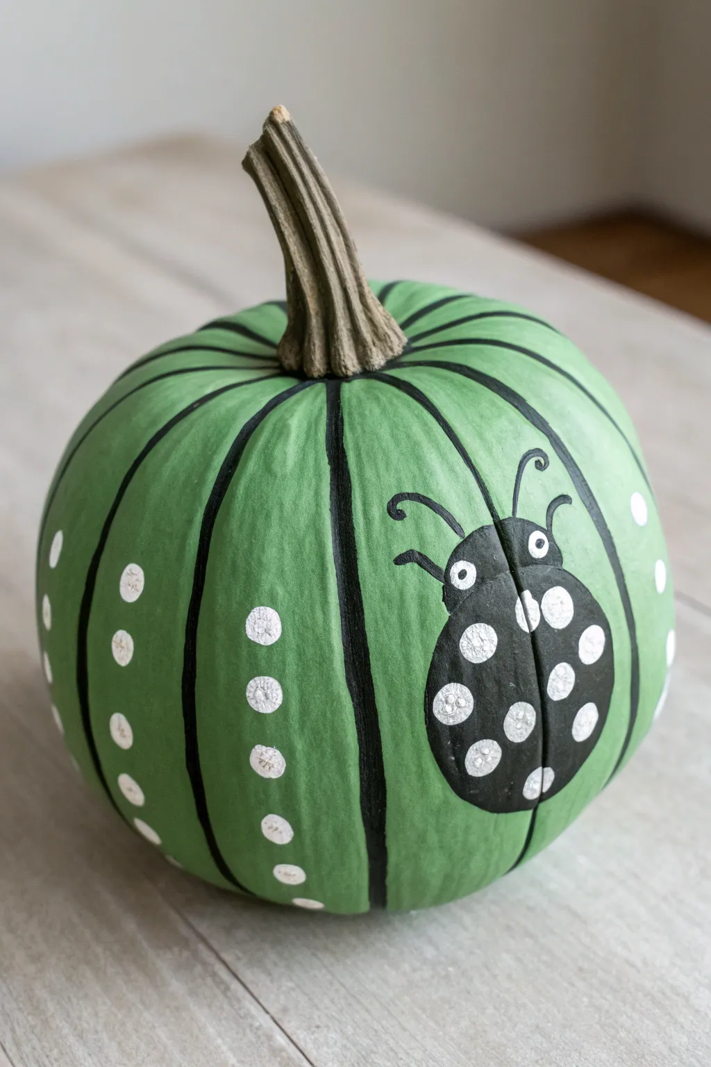 Green pumpkin garden bug: bold black outlines and white highlight dots for a glossy shell