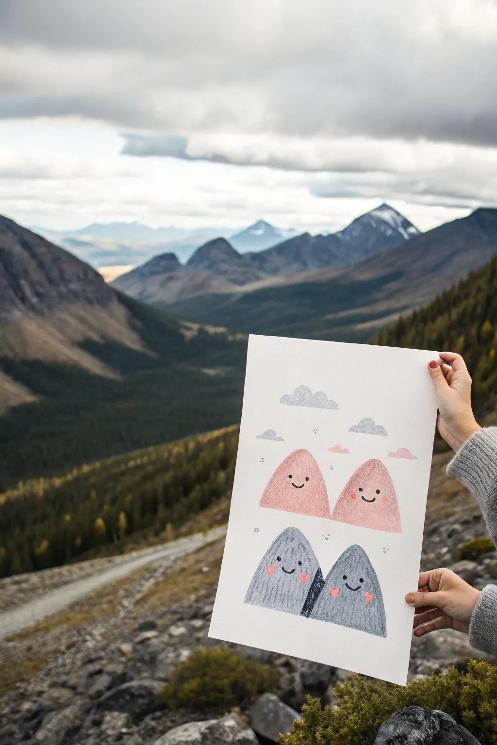 Paint groovy happy mountains with cute faces, spiral clouds, and a wavy checkerboard valley