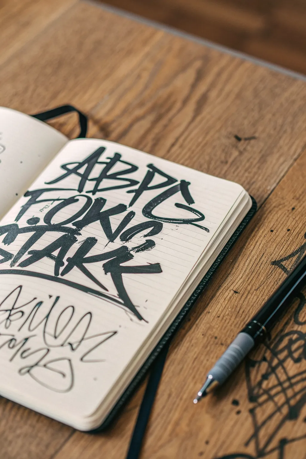 Minimal sketchbook grunge: bold marker tag strokes with drips over soft pencil scribbles