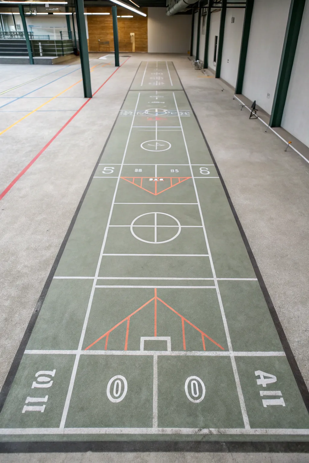 Minimal gym floor zone markings for lifting, stretching, and training lanes in calm boho tones