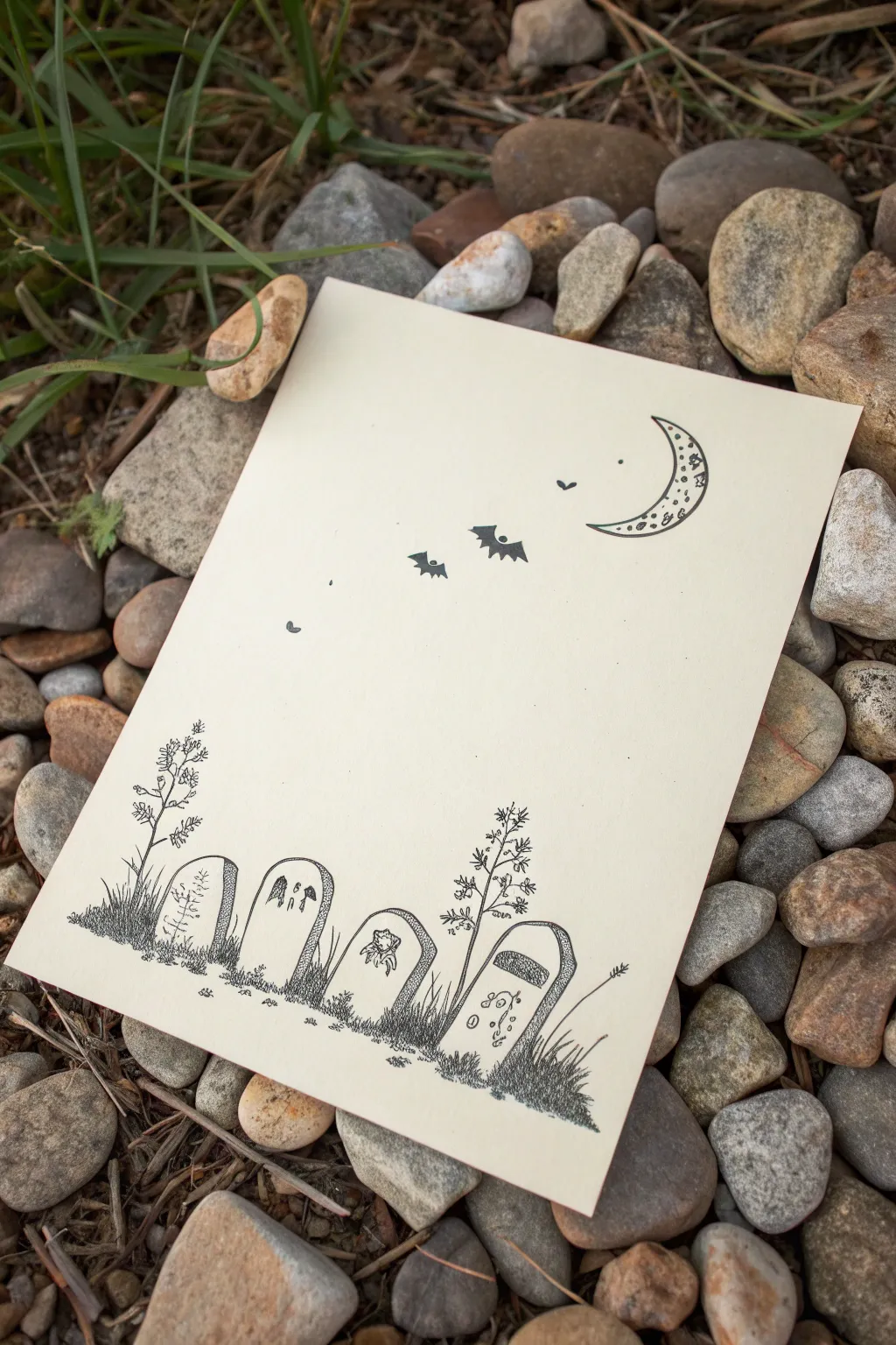 Easy Halloween drawing idea: gravestone cluster mini scene with a moon and two bats