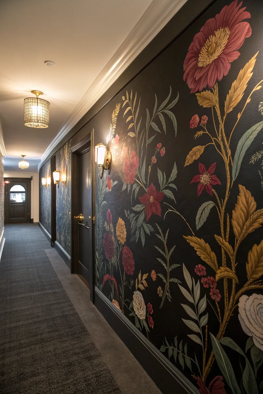 Jewel-tone florals on inky charcoal create jewel-box drama with warm, moody hallway glow