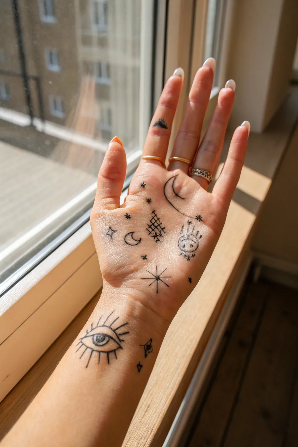 All-seeing eye doodles on knuckles and finger joints, minimalist boho hand drawing inspiration