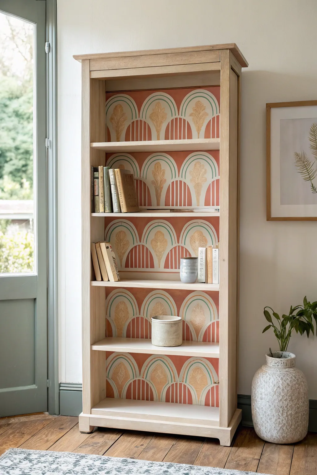 Trendy hand painted arch backdrop transforms a minimalist bookcase into a warm boho focal point