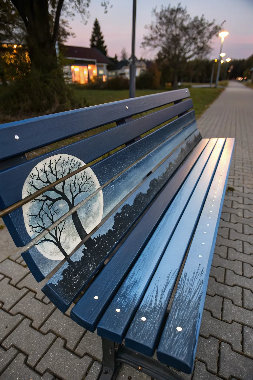 Night sky bench with a glowing moon and tree silhouettes, a moody hand-painted focal piece