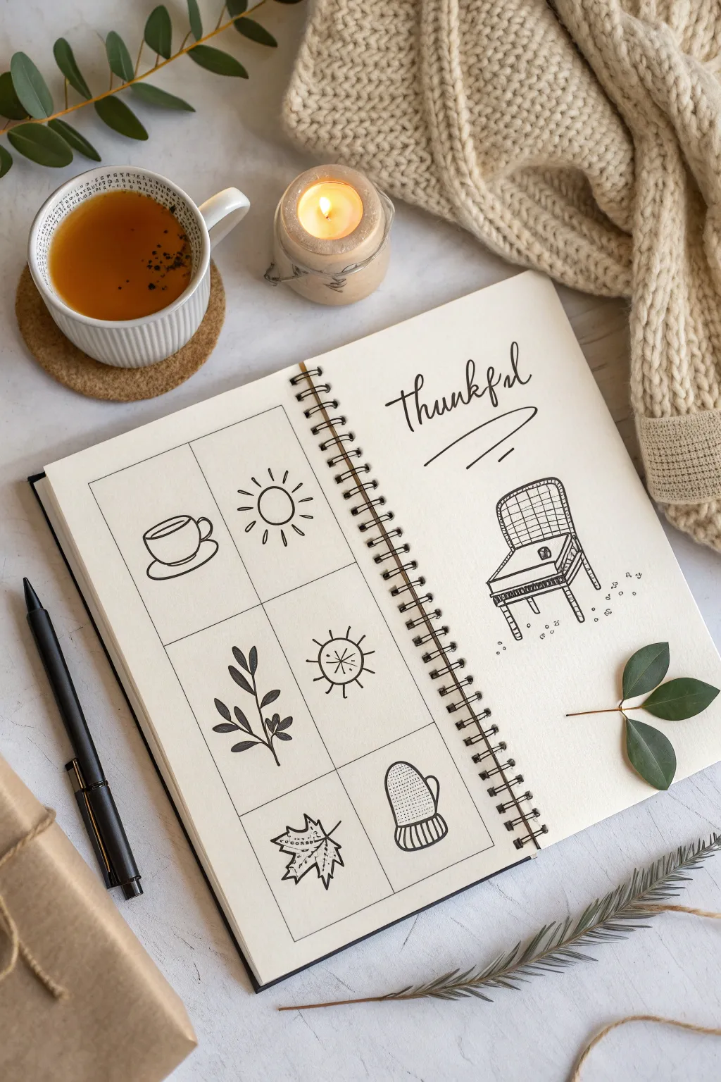Turn happy moments into tiny gratitude icons on a minimalist grid sketchbook page
