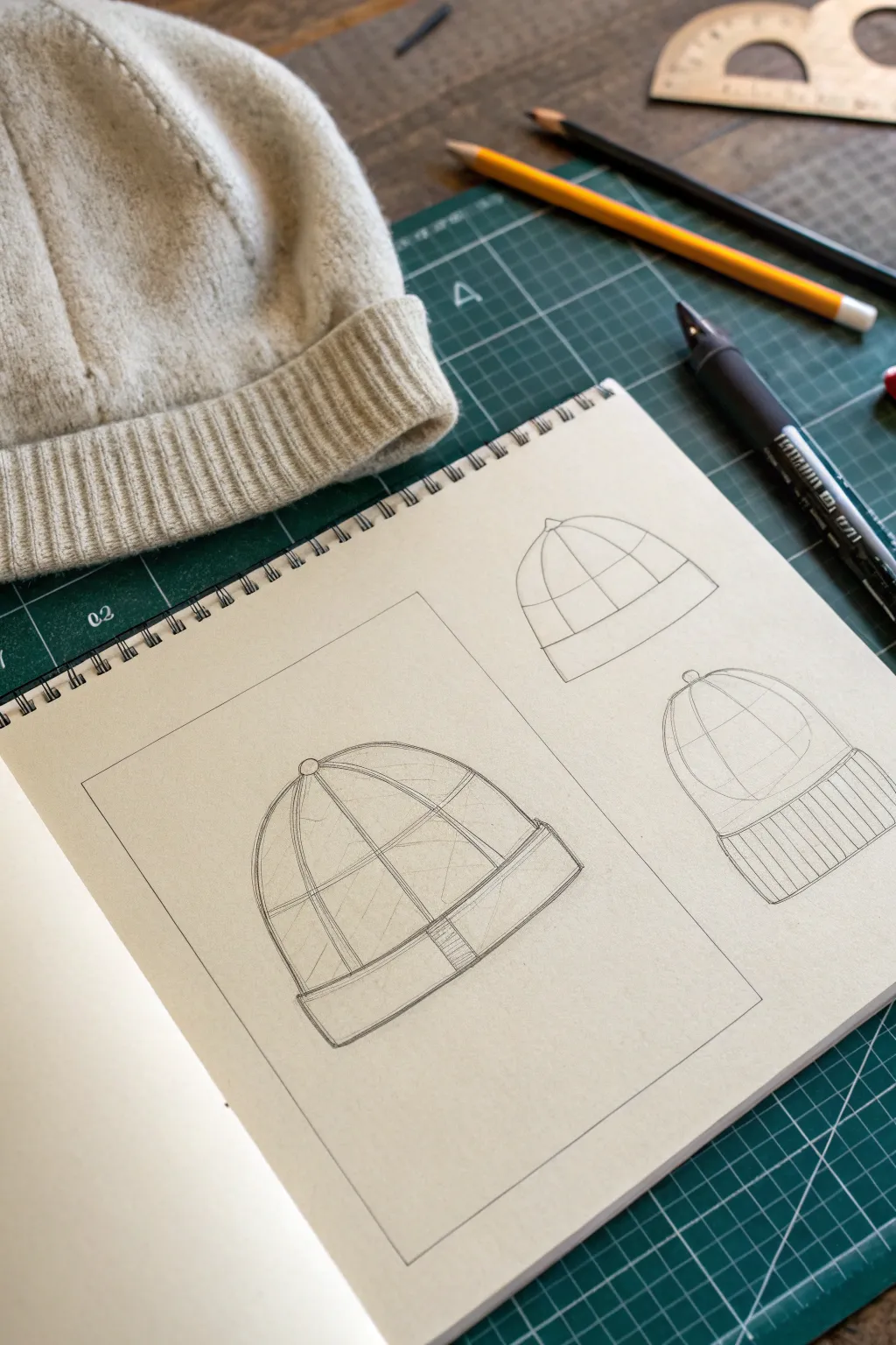 Learn hat construction lines: sphere head, centerline, brim ellipse and inner opening ellipse.