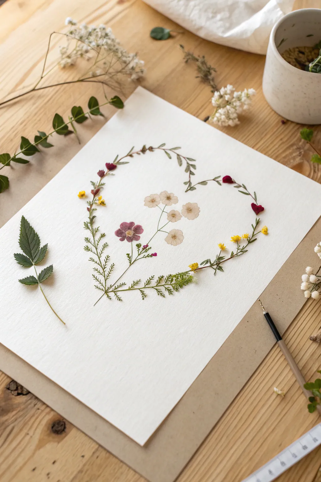 Pressed flowers form a delicate heart frame with minimalist Scandinavian and soft boho charm.
