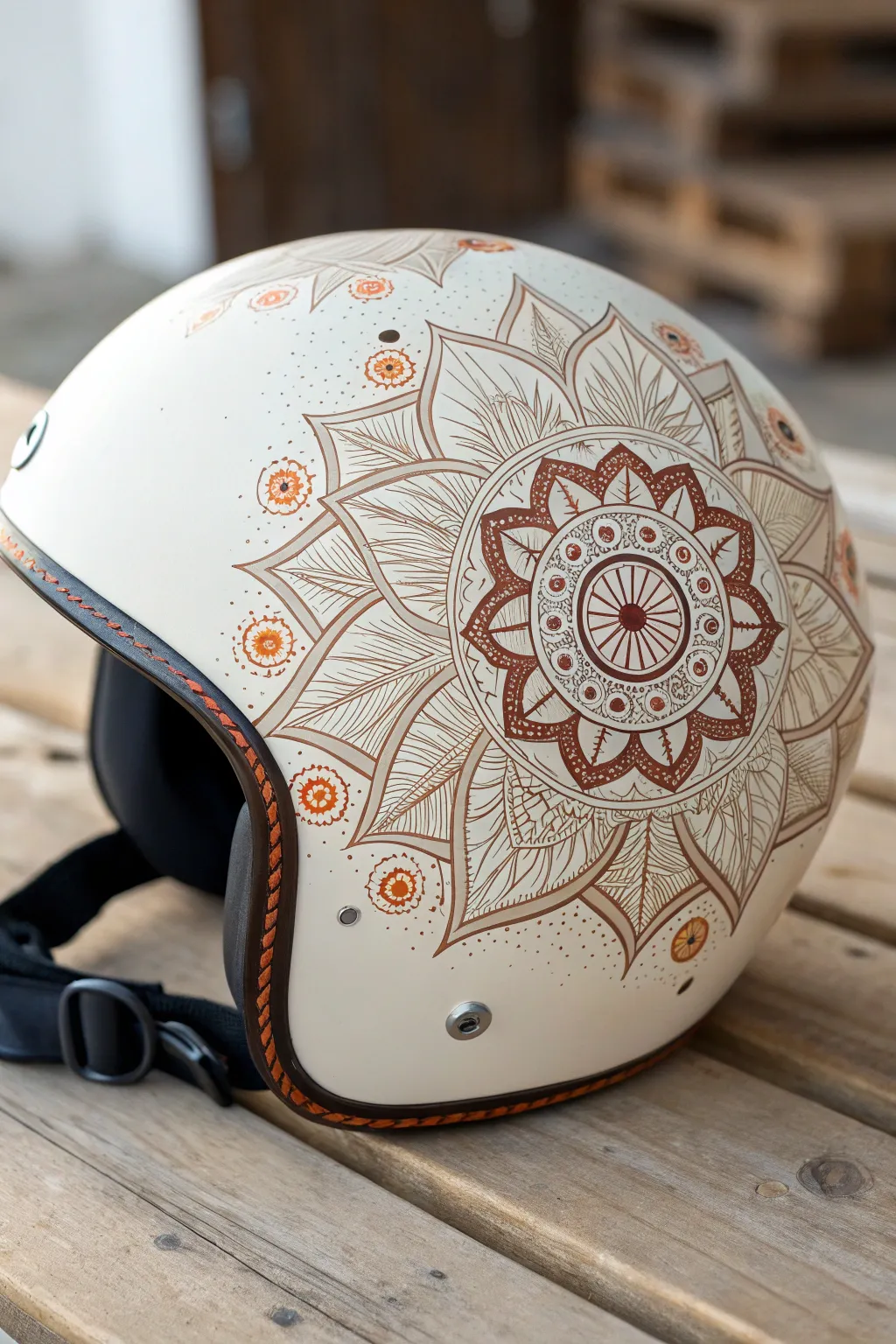 Minimalist boho helmet with mandala crown, crisp radial symmetry wrapping cleanly around the dome
