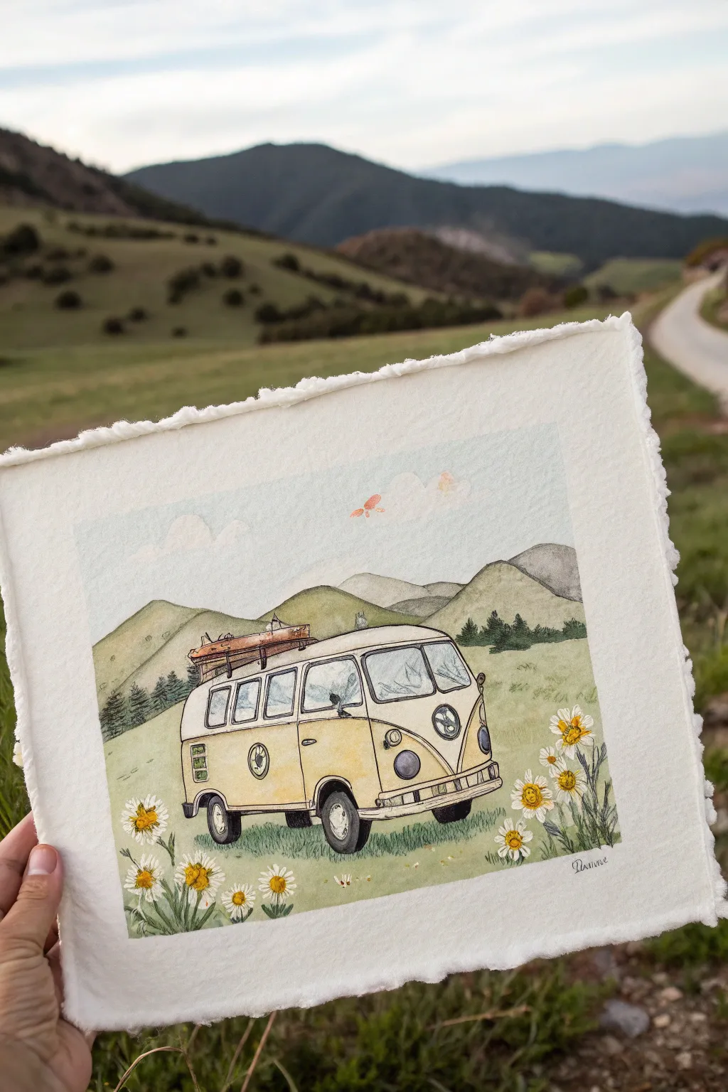 Retro camper van vibes with swirly skies and boho florals, a fresh hippy painting idea.