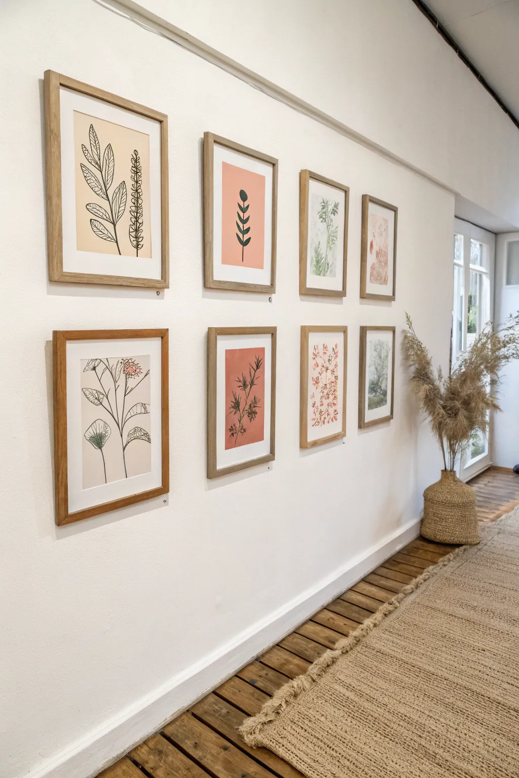 Soft boho-painted frames bring a Scandinavian gallery wall to life with simple sketches and abstracts.