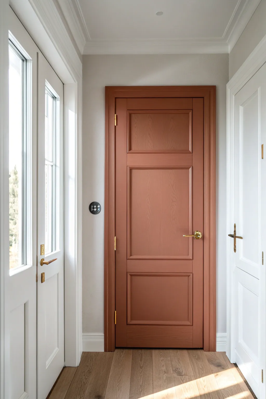 A statement-color interior door brings instant character to a calm, minimalist hallway.