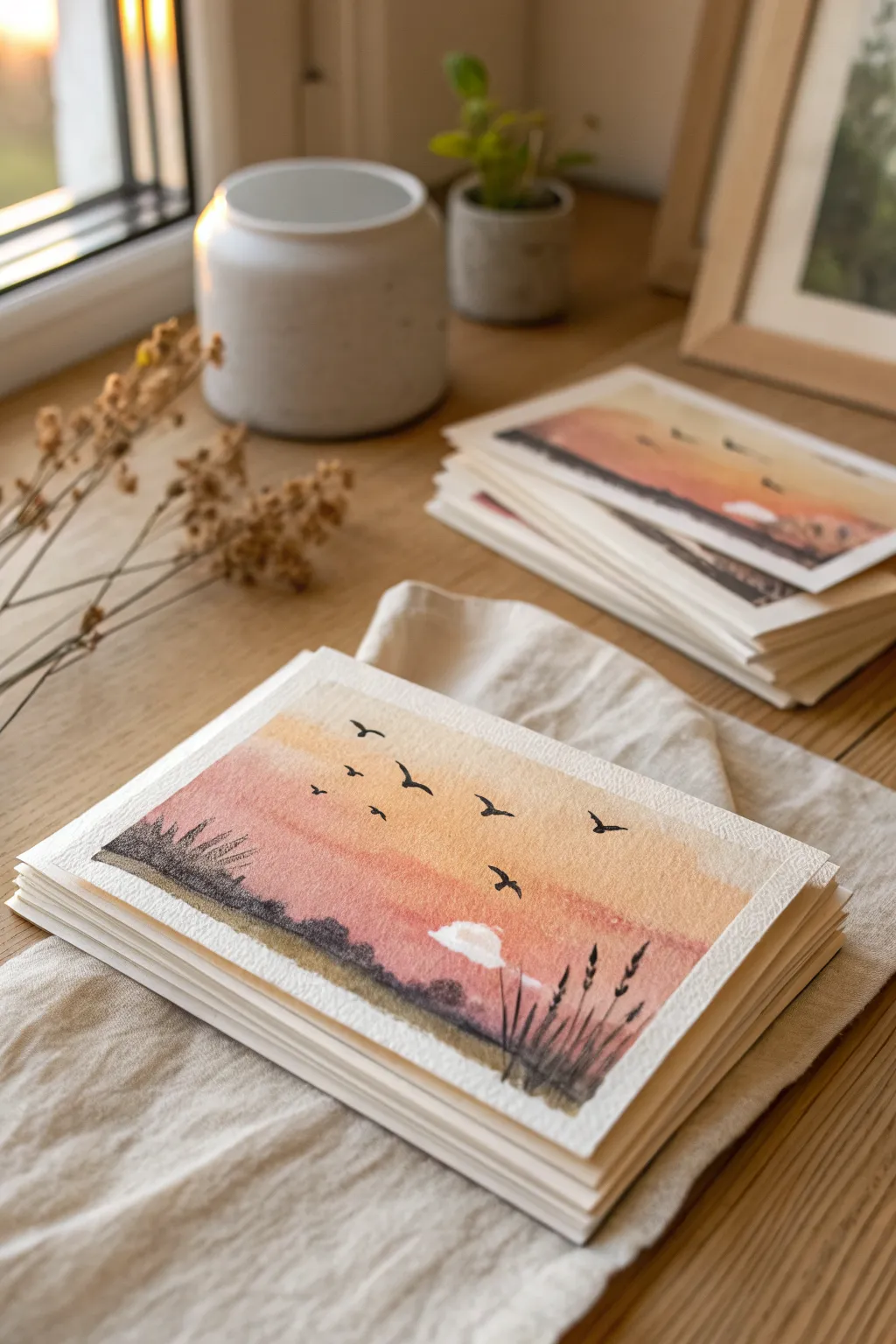 Handmade hope postcards with tiny sunrise and bird paintings, ready to brighten a friends day
