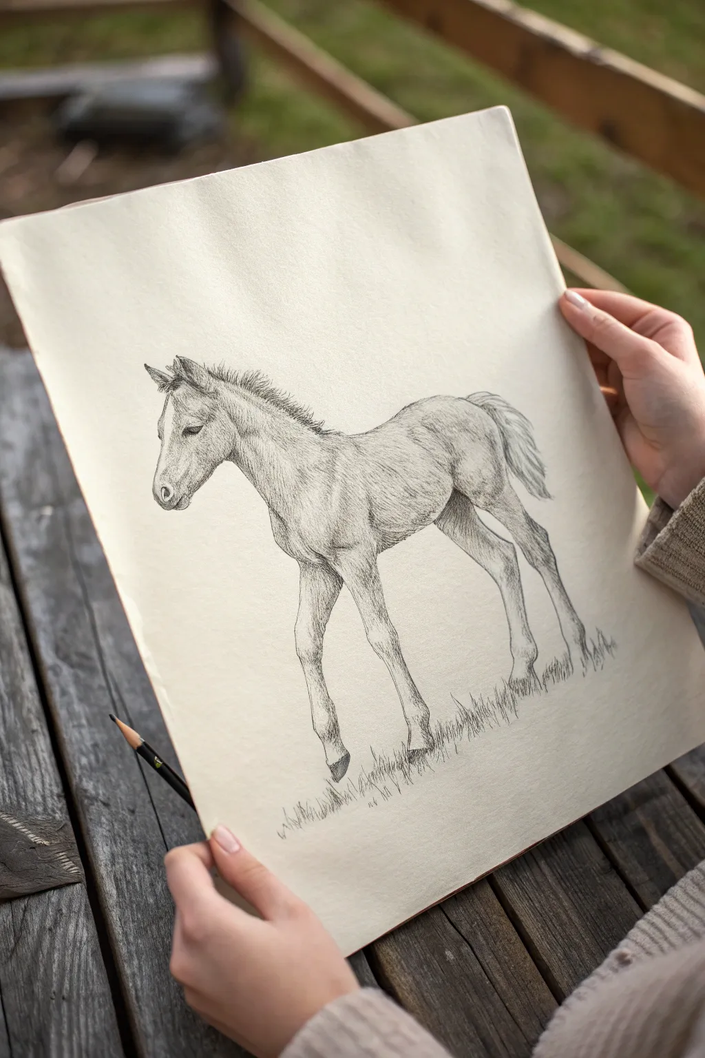 Foal drawing idea with soft proportions, oversized legs, and gentle shading for a sweet young feel