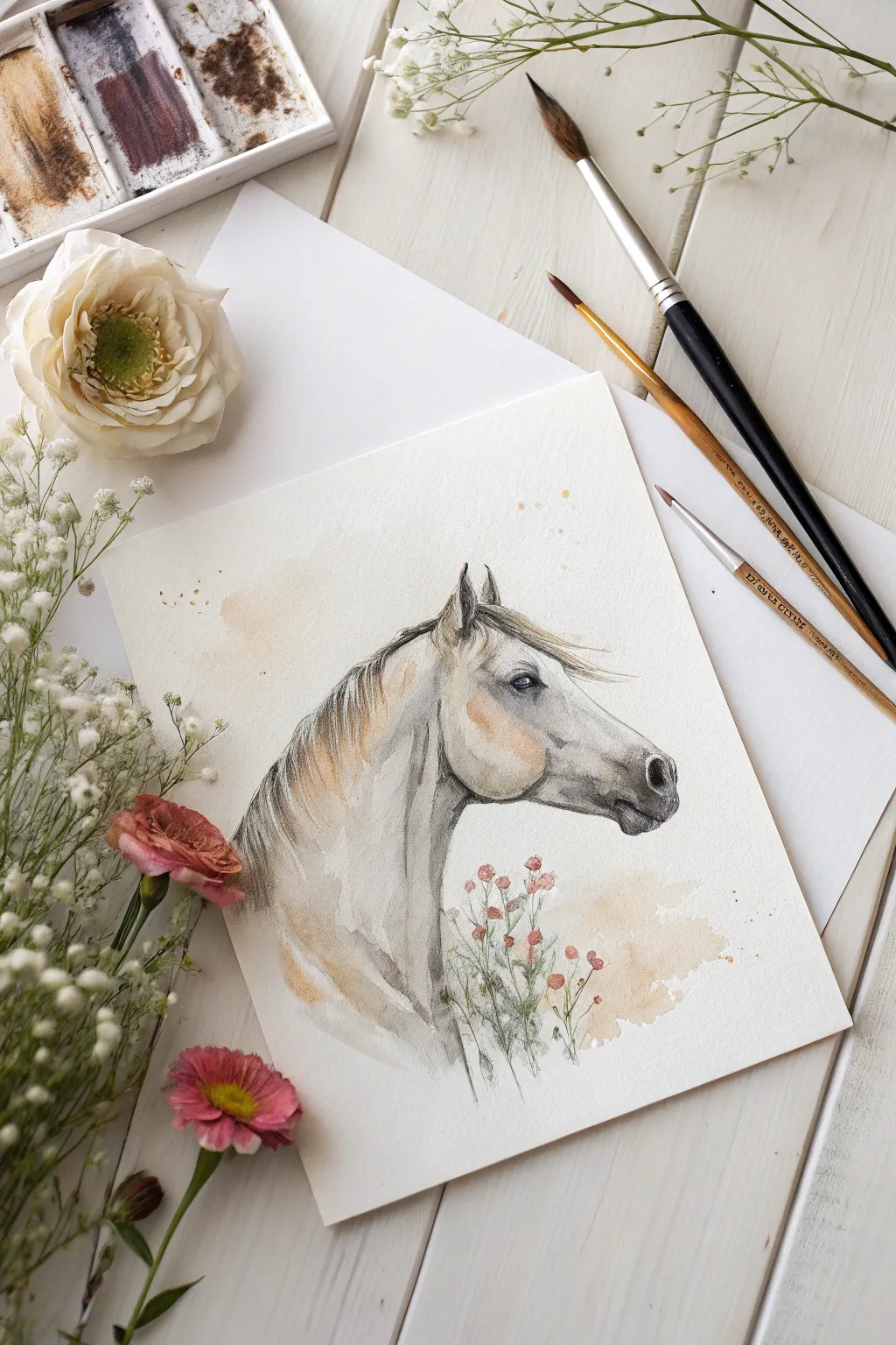 Loose watercolor horse head with drips and blooms, minimalist white space for airy boho calm