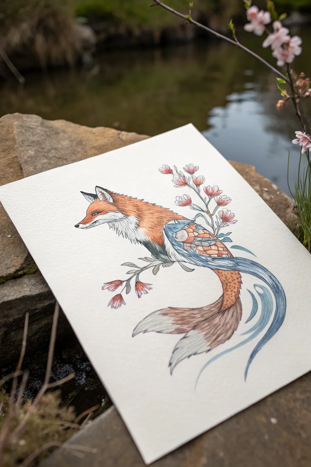 Fox-Koi river spirit drawing: minimalist hybrid fox with koi fins and flowing fish tail
